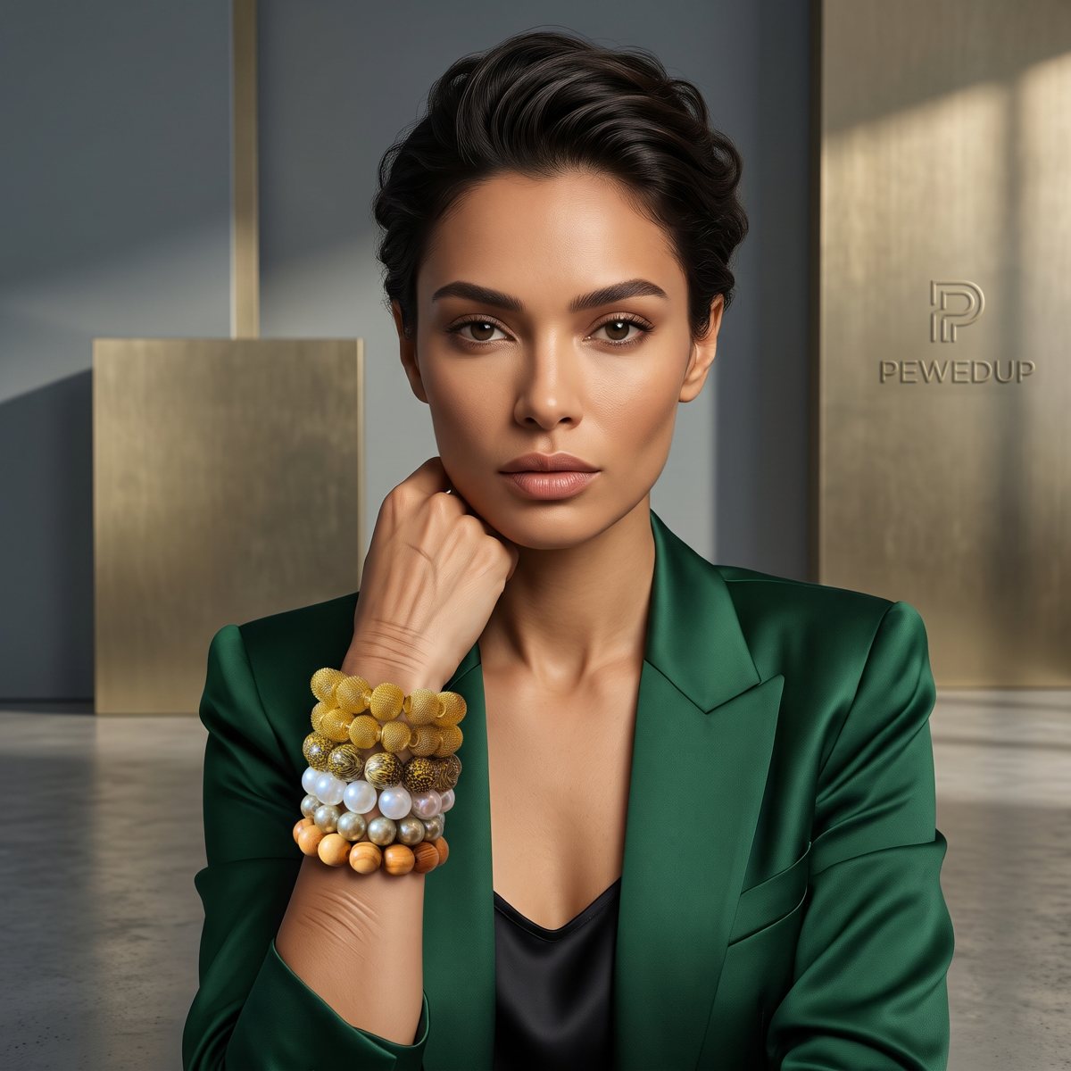 Woman in a green suit wearing a gold and pearl PewedUp bracelet stack